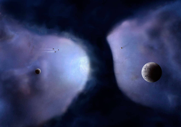 Uzay sahne. Küçük gezegenler Bulutsusu dolaşan. 3D illustr - Fotoğraf, Görsel