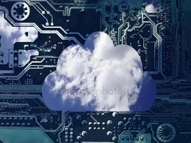 Video concettuale di cloud computing. Cielo blu profondo con nuvole tempo giri in una nuvola su uno sfondo circuito
. - Filmati, video