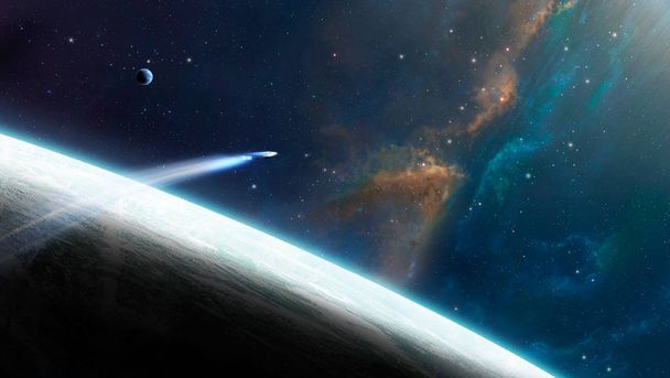 Uzay sahne. Uzay gemisi ile mavi ve turuncu Bulutsusu. Öğeleri kürk - Fotoğraf, Görsel