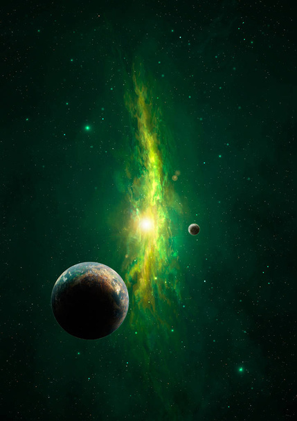 Escena espacial. Nebulosa verde con planeta. Elementos proporcionados por NAS
 - Foto, imagen