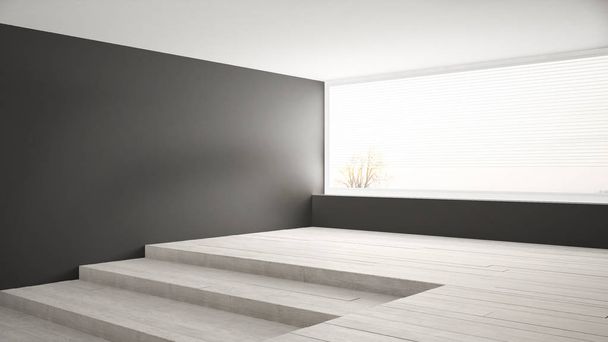 Пустой зал с большим панорамным окном и лестницей, серые стены, мин
 - Фото, изображение