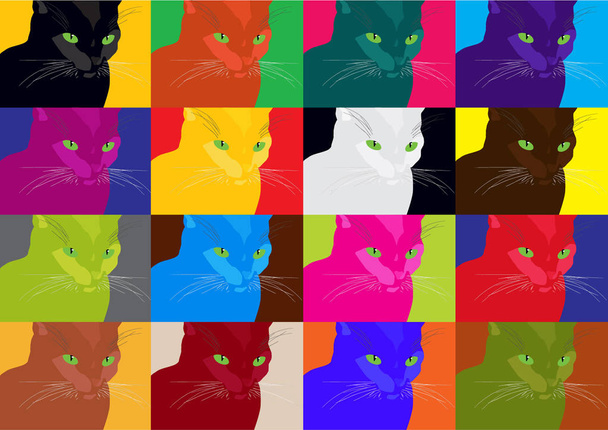 a vicces vektor pop art macskák, sok színes macskák poszter, macska arcok illusztráció - Vektor, kép