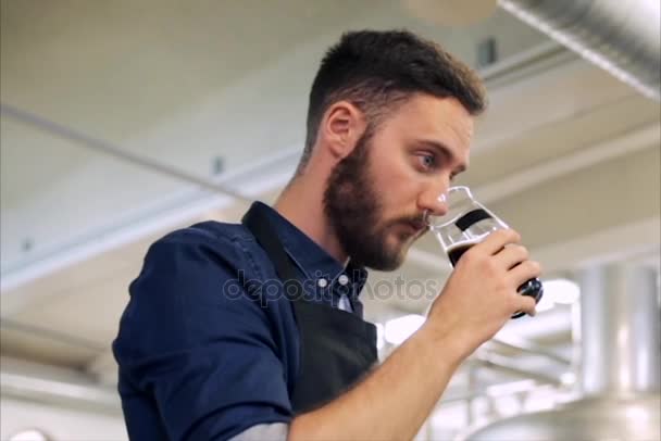 man smelling and testing beer or ale at brewery - Πλάνα, βίντεο