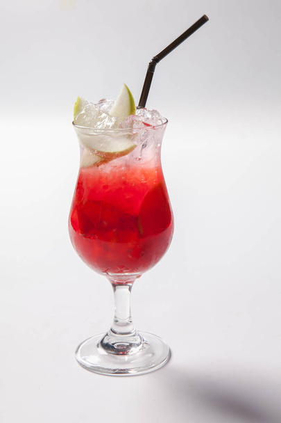 Cold straw red drink with berry, apple and mint leaf. - Photo, Image