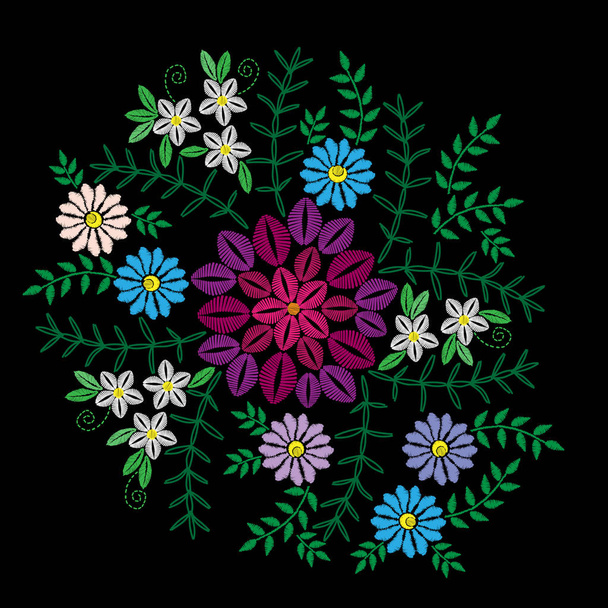 Nakış dikiş taklit renkli çiçek, çimen ve gr - Vektör, Görsel