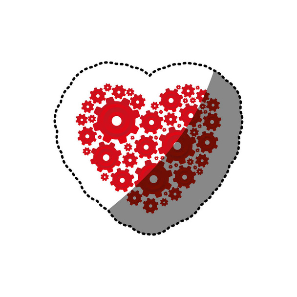αυτοκόλλητο κόκκινη καρδιά σχήμα με γρανάζια και γρανάζια σύνολο συλλογής - Διάνυσμα, εικόνα