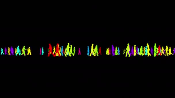 Silhouettes multicolores de personnes marchant sur un fond noir
 - Séquence, vidéo