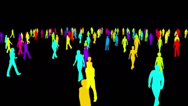 Silhuetas multicoloridas de pessoas andando sobre um fundo preto
 - Filmagem, Vídeo