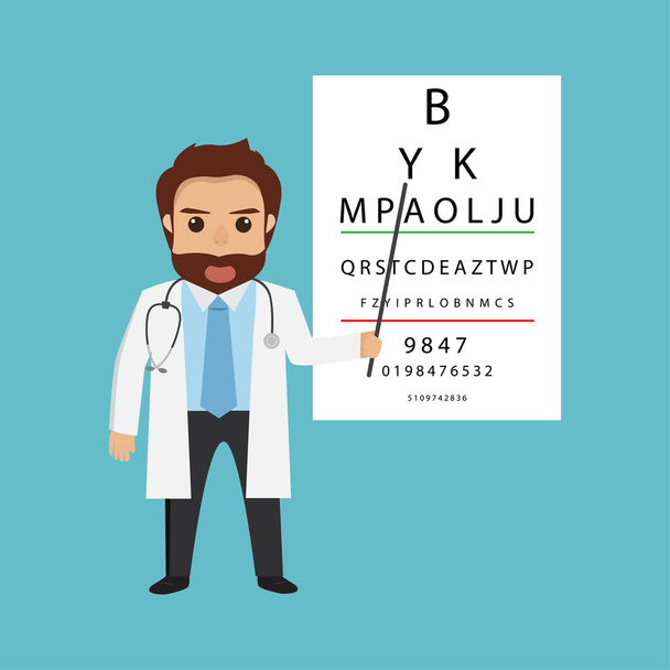 hombre guapo médico carácter optometrista señala a la mesa f
 - Vector, Imagen