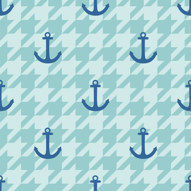Tile sailor vector pattern with anchor on white and blue hounds tooth background - Вектор, зображення