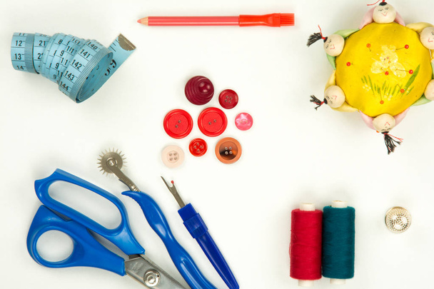 High angle view of a collection of sewing items - Photo, Image