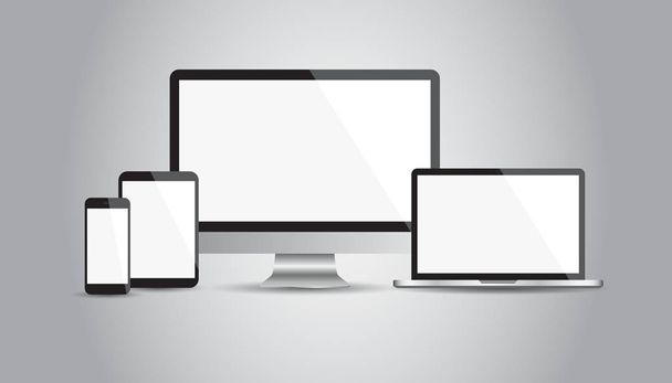 Icone piatte per dispositivi realistici: smartphone, tablet, laptop e computer desktop. Illustrazione vettoriale su sfondo grigio
 - Vettoriali, immagini