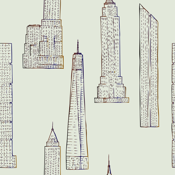 Patrón sin costuras con rascacielos. Bocetos de paisaje urbano dibujados a mano
 - Vector, Imagen