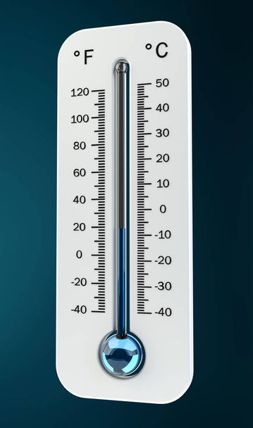 3D render cold white thermometer indicating low temperature - Foto, imagen