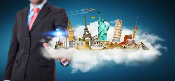 Empresário tocando uma nuvem cheia de monumentos famosos com seu f
 - Foto, Imagem