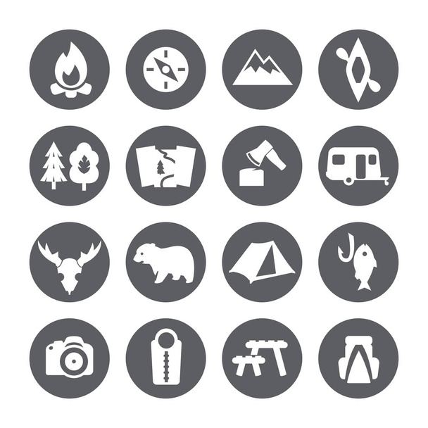 Conjunto de ícones de acampamento, sinal de trekking
.  - Vetor, Imagem
