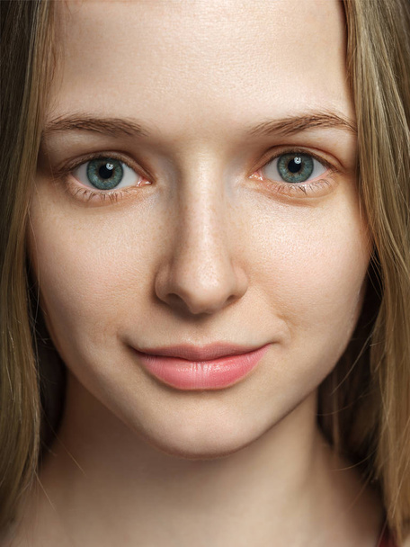 Close-up portrait of a beautiful young woman with perfect skin and no makeup - Photo, image