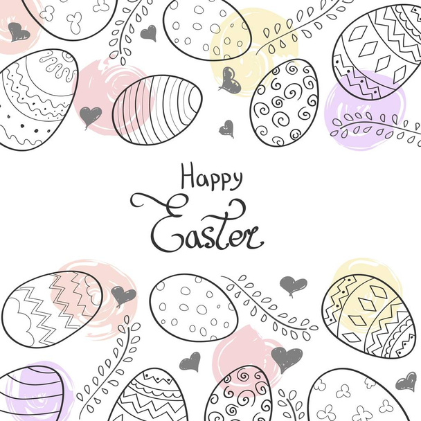 Šťastné Velikonoce pozadím a písmem, vejce, větvičky a srdce - Vektor, obrázek