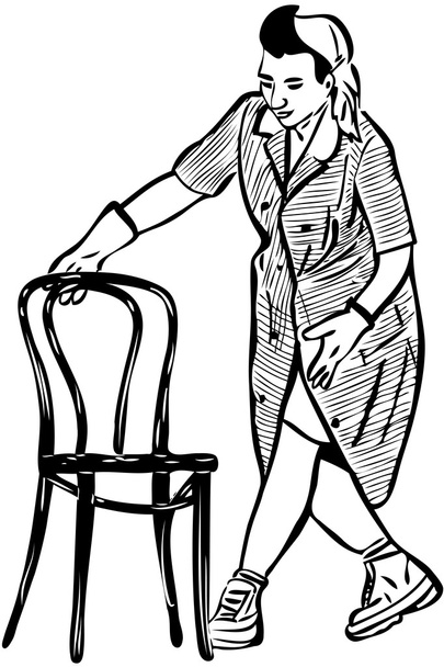 Sketch cleaner in rubber gloves with a chair - Vektor, Bild