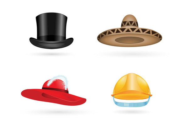 Diferentes tipos de sombrero de moda moderna elegancia gorra y accesorios textiles ropa vector ilustración
 - Vector, imagen