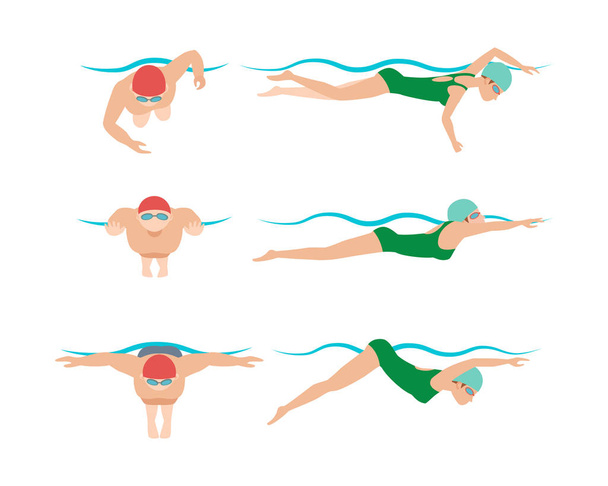 Ilustração vetorial do esquema de estilo de natação diferentes nadadores homem e mulher no exercício esportivo na piscina
. - Vetor, Imagem