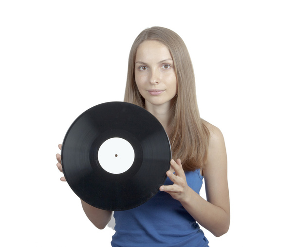 Girl with vinyl disc, isolated on white - Fotoğraf, Görsel