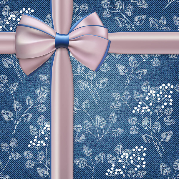 Realistic pink with blue gift bow and ribbon on denim background with floral pattern. - ベクター画像