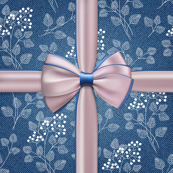 Rosa realista con lazo de regalo azul y cinta sobre fondo denim con patrón floral
. - Vector, Imagen