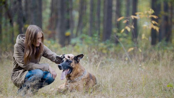 Przyjazń - dziewczyna i jej zwierzątko w jesienny park - Owczarek niemiecki - Zdjęcie, obraz