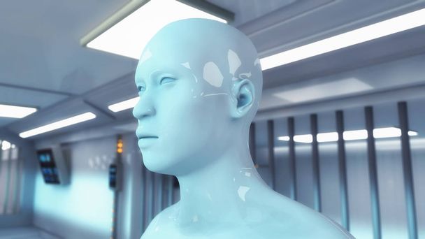 3d rendering. Humanoid head and futuristic room - Фото, зображення