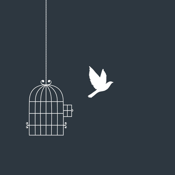 Πετώντας πουλί και το κλουβί σιλουέτες. Έννοια ελευθερία - Διάνυσμα, εικόνα