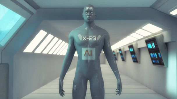 3D-Darstellung. humanoider Kopf und futuristischer Raum - Foto, Bild
