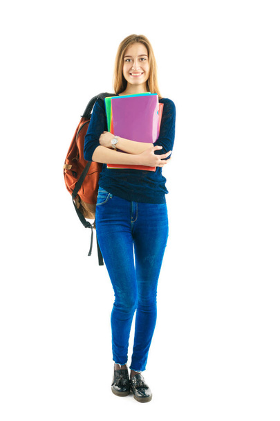 girl with a rucksack and color folders - Fotoğraf, Görsel