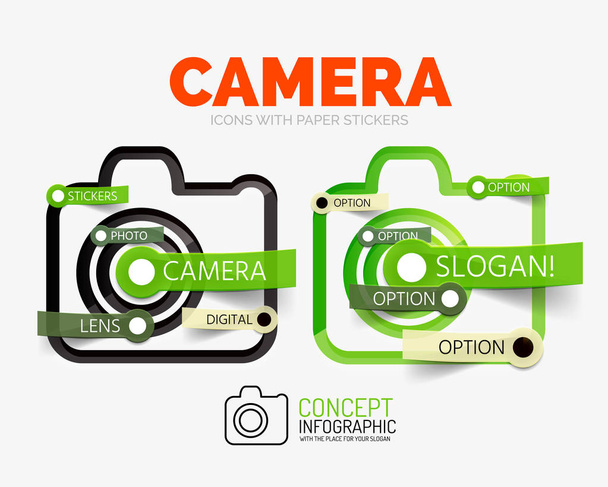 Vector camera linear style icons, 3d cut out relief with sticker - buttons. Photography banner elements - Vector, Image