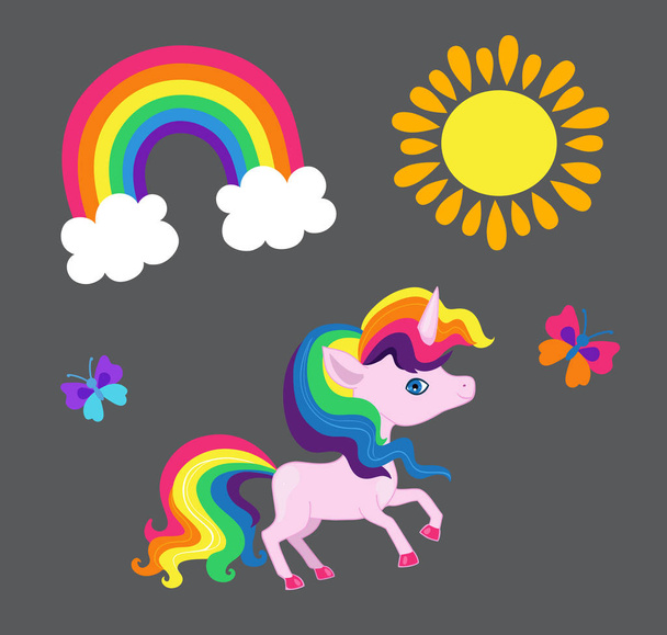 Illustration eines sehr schönen Regenbogen-Einhorns mit einer Regenbogensonne und einem Schmetterling. - Vektor, Bild