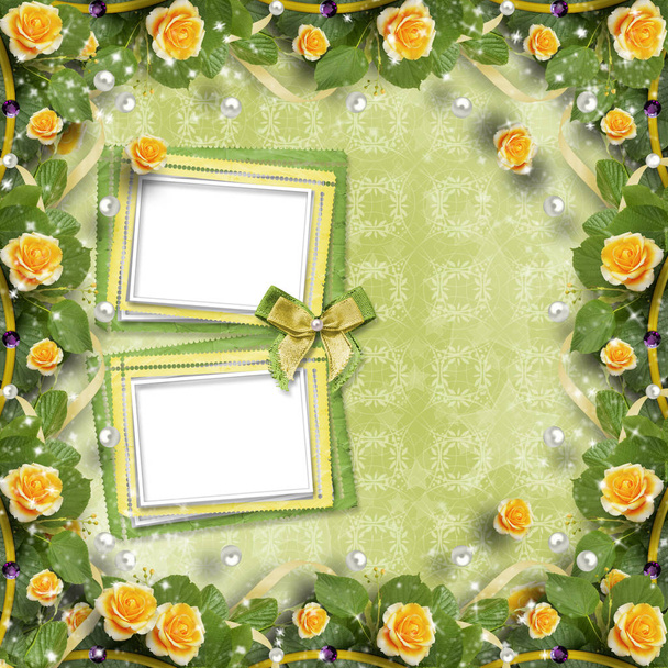 Beautiful greeting card with bouquet of yellow roses, ribbons - Photo, Image