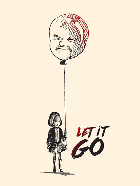 kleines Mädchen mit Männern formen Luftballons mit Text von let it go, hand - Vektor, Bild