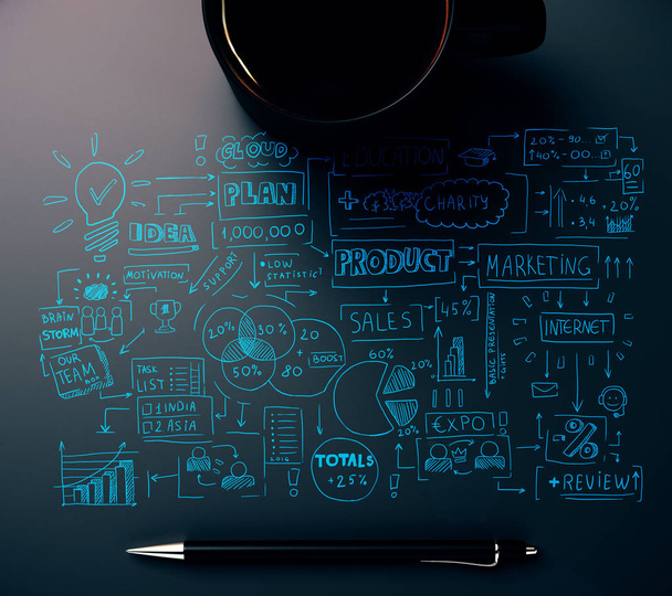 Vista dall'alto del desktop nero con tazza di caffè, penna e schizzo aziendale
.  - Foto, immagini