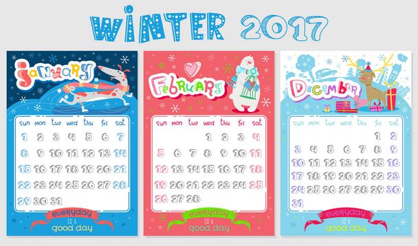 Дизайн зимнего календаря 2017. Декабрь, январь, февраль
 - Вектор,изображение