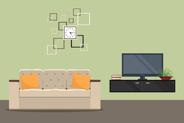 Sala de estar em uma cor verde com um sofá e um cinema em casa
 - Vetor, Imagem