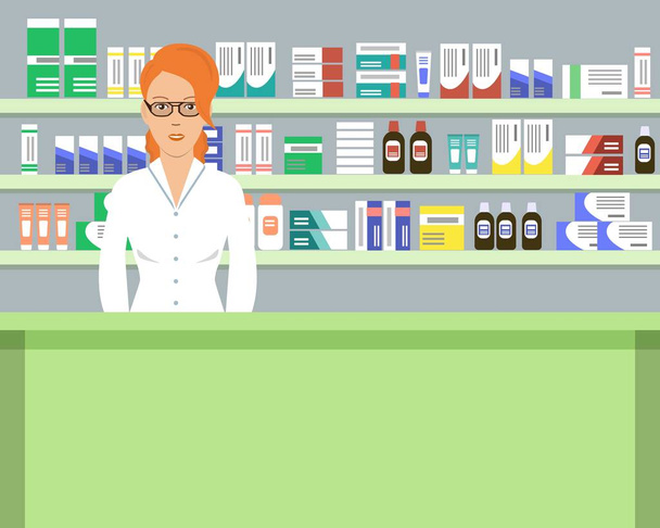 Wikipédii farmaceuta. Mladá žena na pracovišti v lékárně: stojící před regály s léky - Vektor, obrázek
