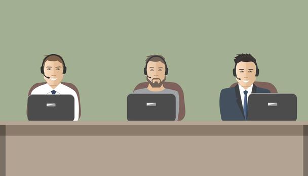 Web banner of call center workers. Technical support service. Young men in headphones sitting at the table - Vector, Image