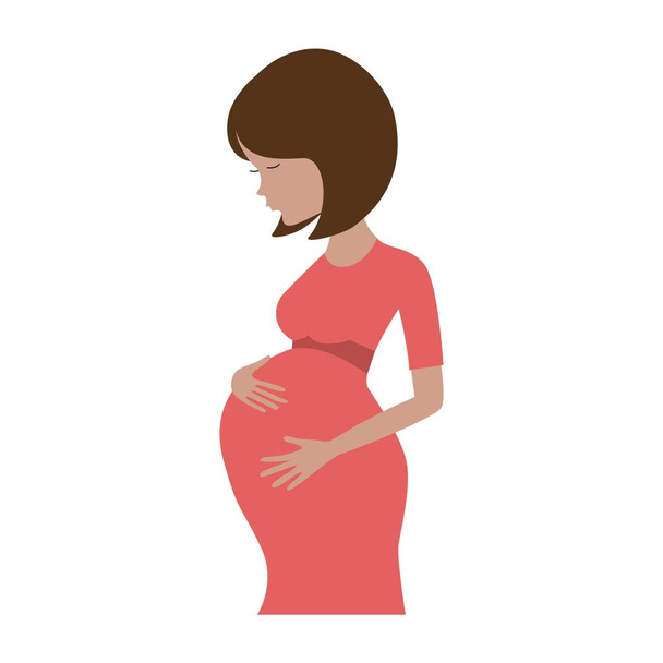 Hamile kadın üzerinde beyaz izole Kırmızı elbiseli - Vektör, Görsel