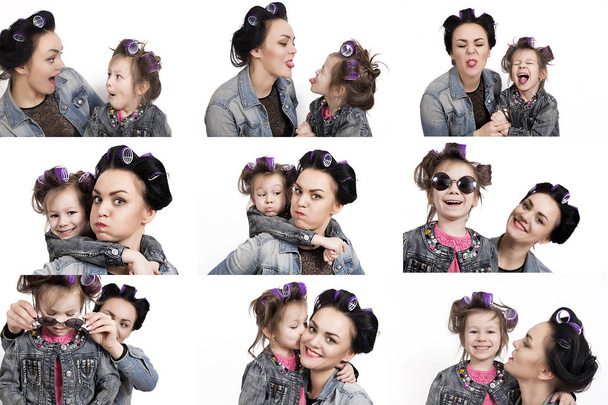 Collection of photos little girl and her mother in hair curlers. - Фото, изображение