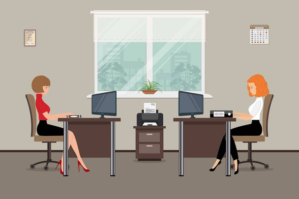 Web banner két irodai dolgozók. A fiatal nők a munkavállalók munkahelyi - Vektor, kép