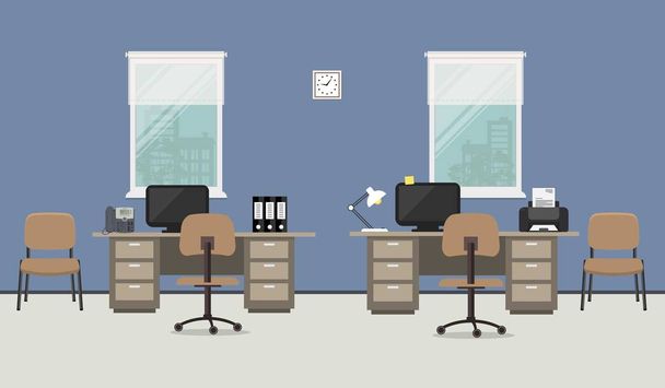Рабочее место офисных работников на синем фоне
 - Вектор,изображение