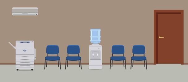 Toimistokäytävä. Paikka, jossa odottaa. Kuvassa on sininen tuoli, vesijäähdytin, kopiokone, hoitoaine ja muita esineitä.
 - Vektori, kuva