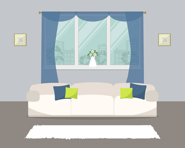 Salon dans une couleur bleue. Il y a un canapé blanc avec des oreillers sur un fond de fenêtre dans l'image
 - Vecteur, image