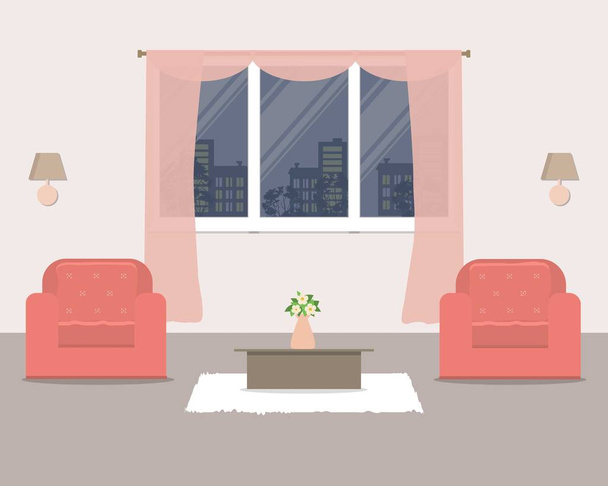 Sala de estar com mobiliário no fundo da janela
 - Vetor, Imagem