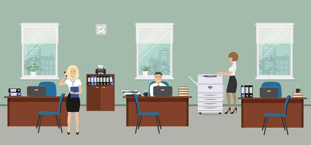 Office room in a gray color. The young women and man are employees at work - Vector, Image